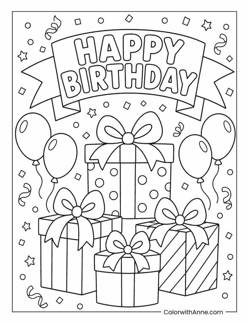 Happy Birthday Gifts and Balloons Coloring Page