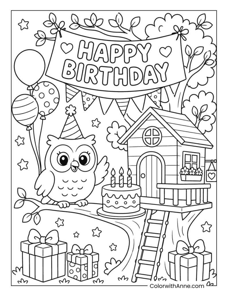 Happy Birthday Owl Treehouse Coloring Page