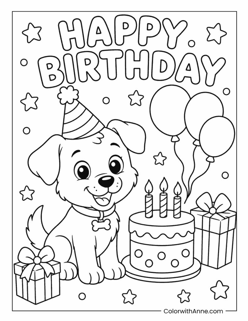 Happy Birthday Puppy Party Coloring Page