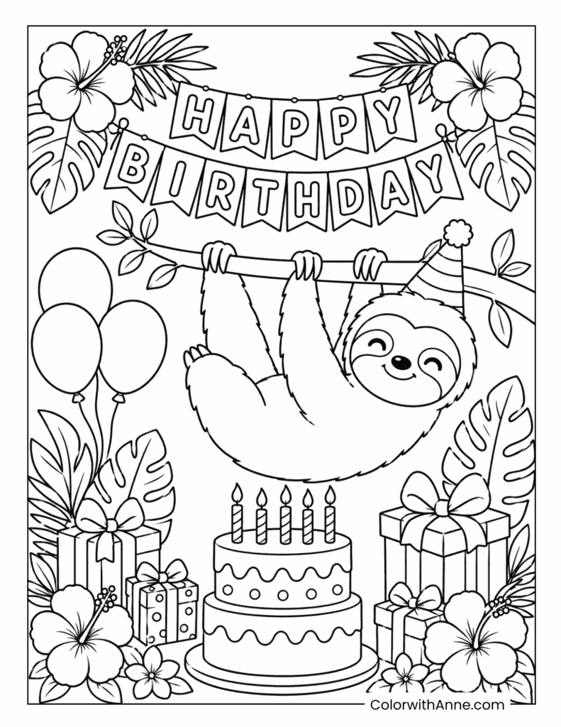 Happy Birthday Sloth Party Coloring Page