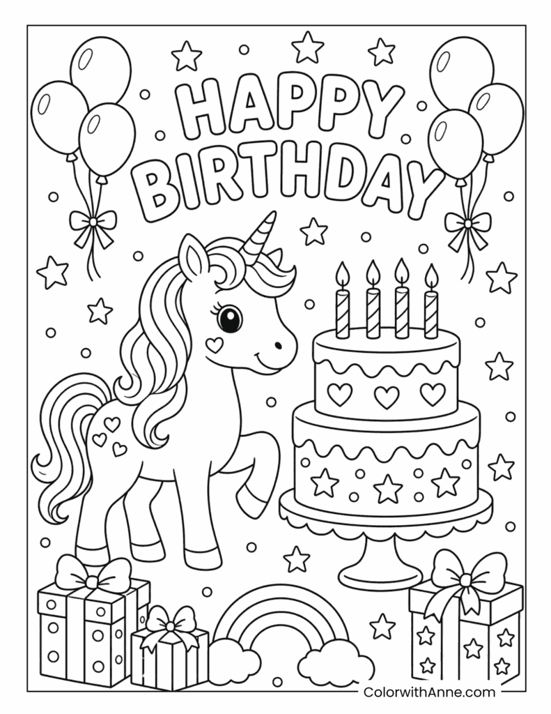 Happy Birthday Unicorn Celebration Coloring Page