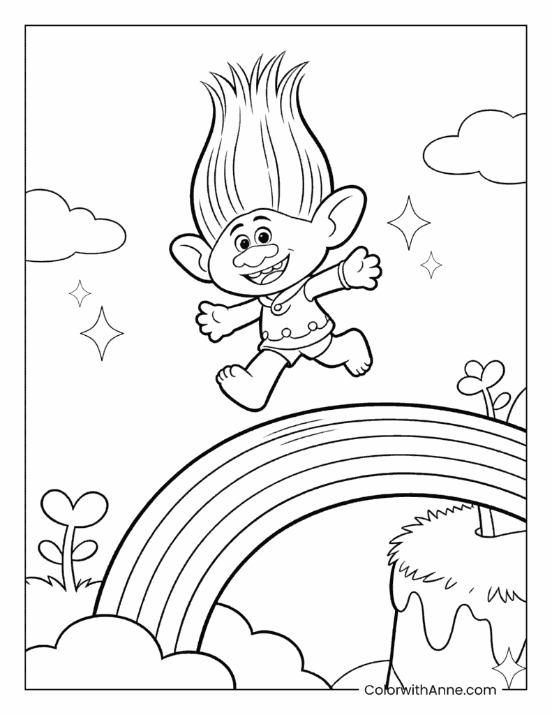 Happy Branch Jumping Over a Rainbow Trolls Coloring Page