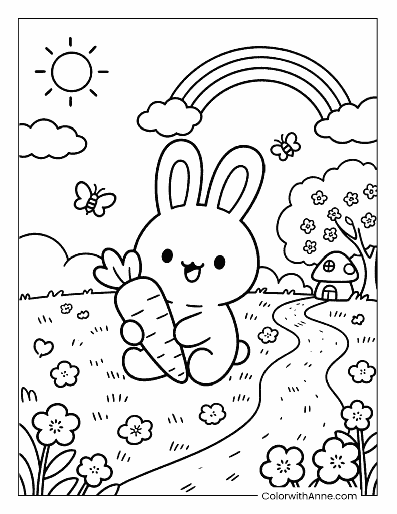Happy Bunny Holding a Giant Carrot Spring Coloring Page