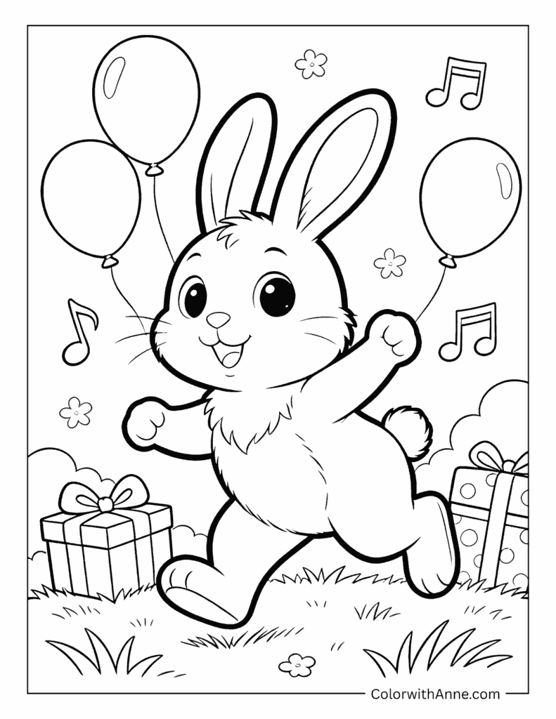Happy Bunny with Balloons and Gifts Coloring Page