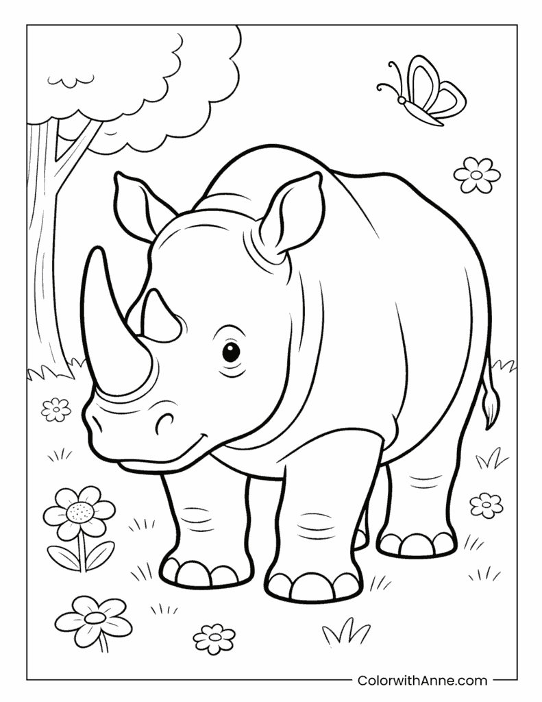 Happy Cartoon Rhino in a Sunny Meadow Coloring Page
