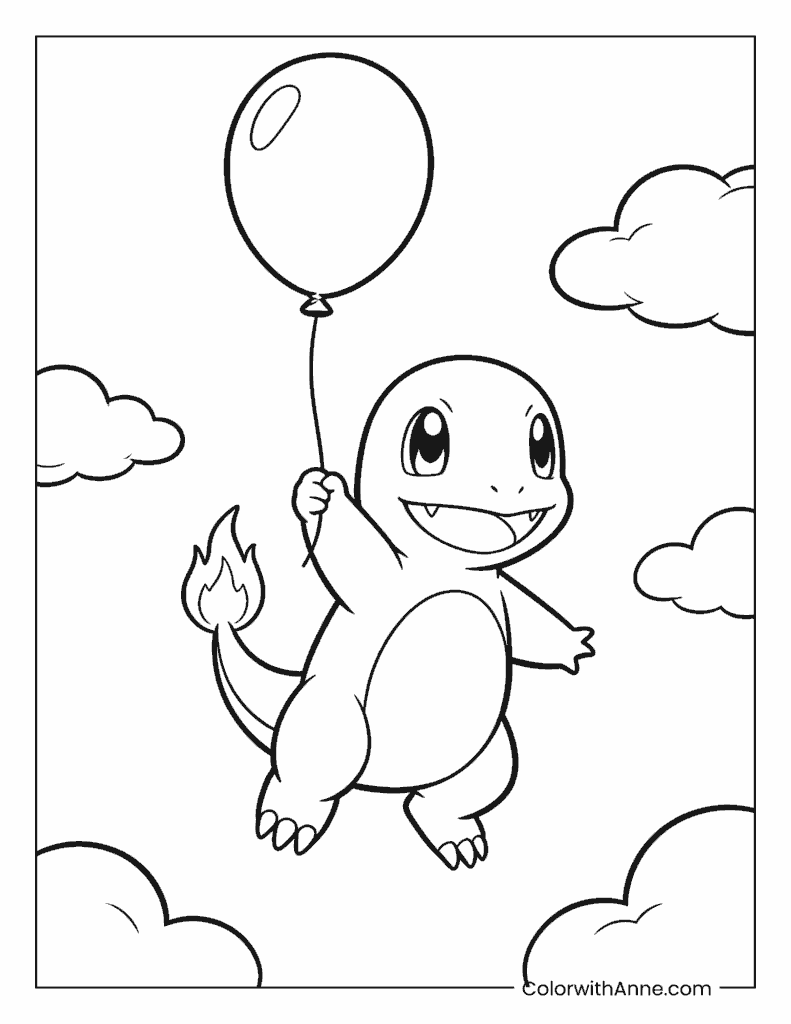 Happy Charmander with a Balloon Coloring Page