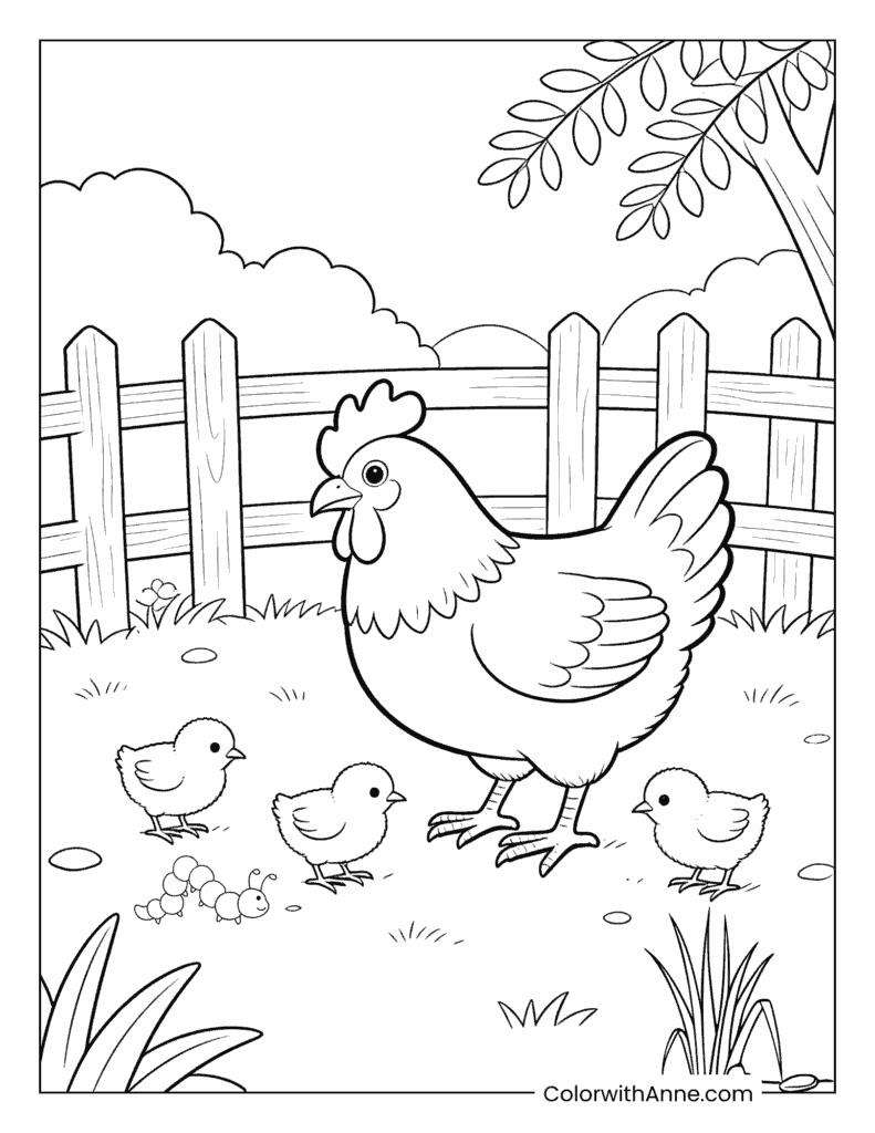 Happy Chickens on the Farm Coloring Page