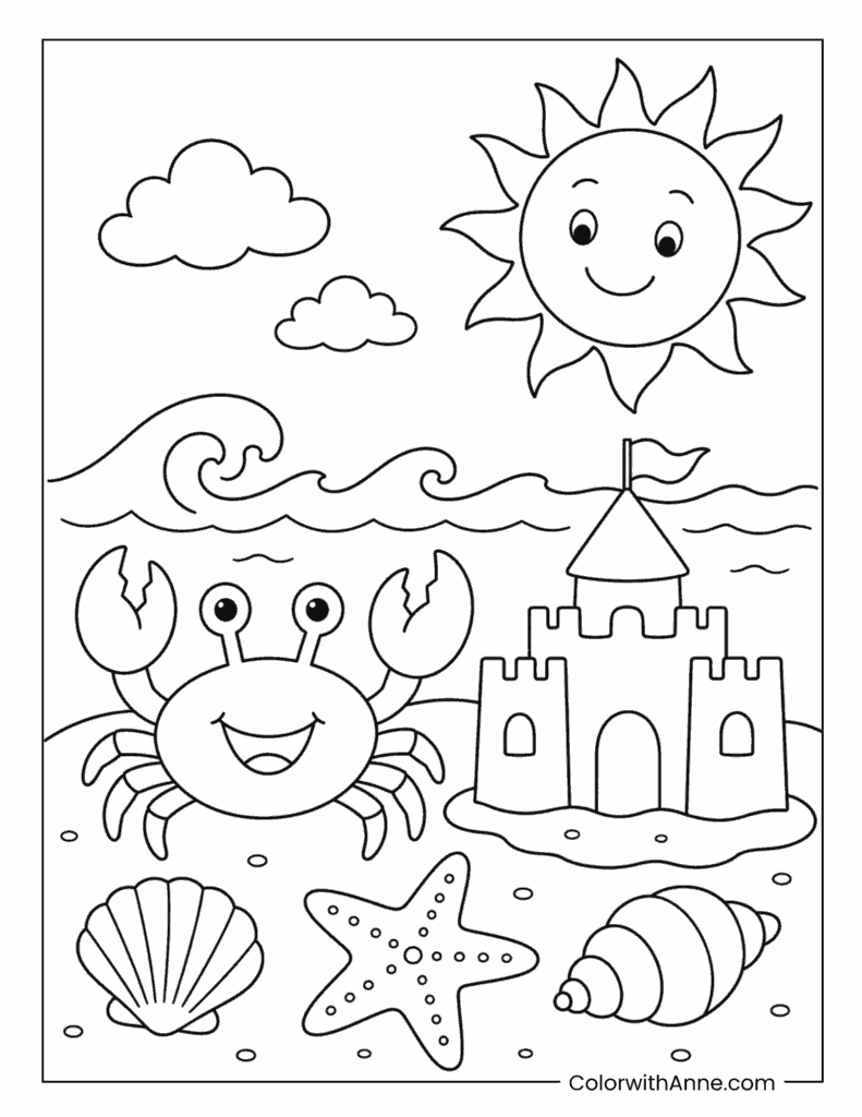 Happy Crab and Sandcastle Beach Coloring Page