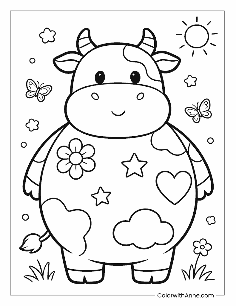 Happy Decorated Cow Coloring Page