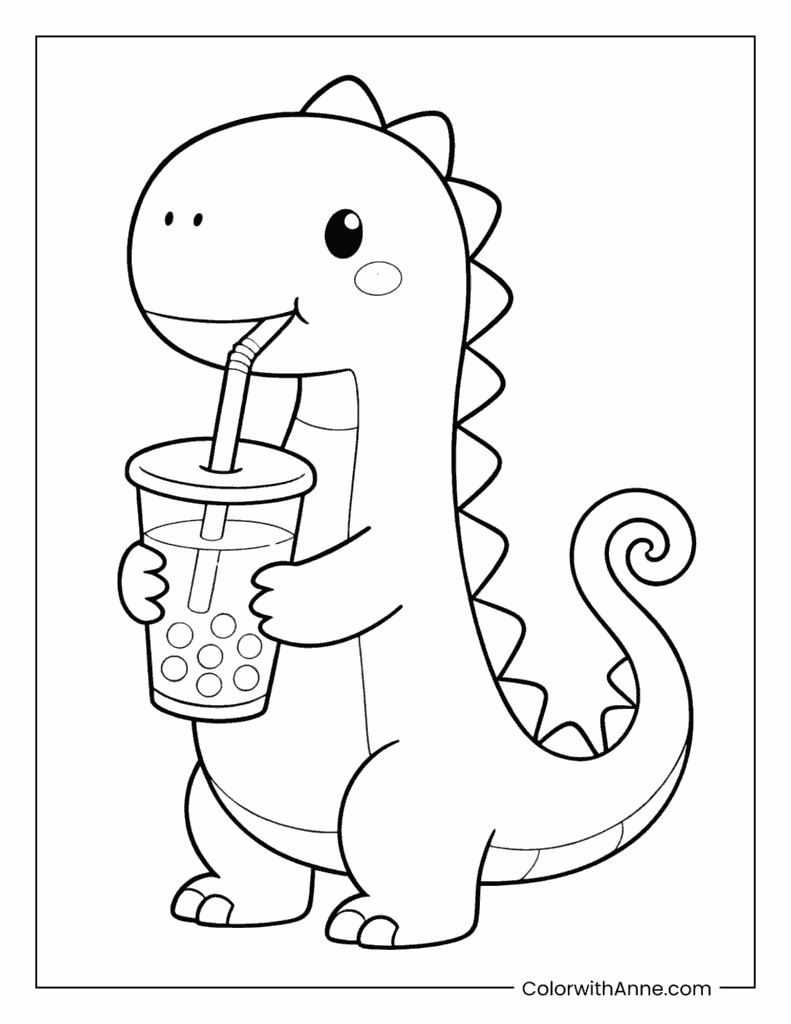 Happy Dinosaur Drinking Boba Coloring Page