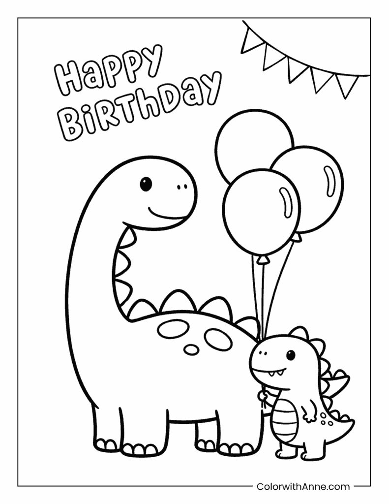 Happy Dinosaurs with Balloons Birthday Coloring Page