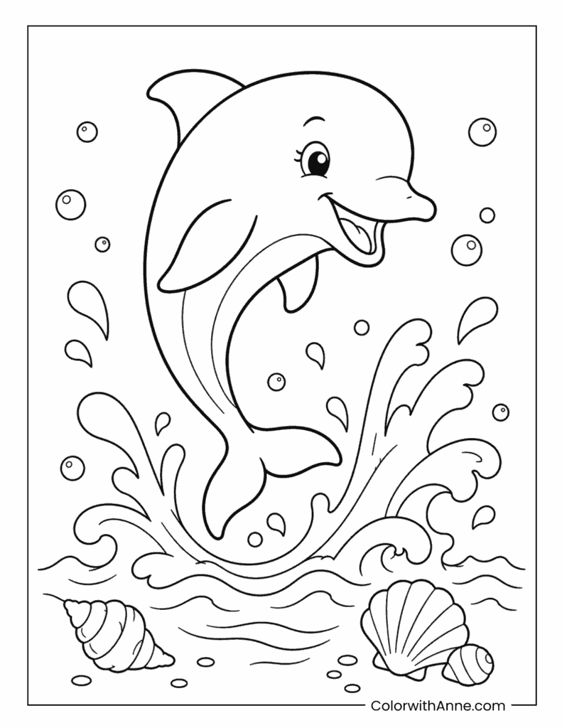 Happy Dolphin Leaping Through Ocean Waves Coloring Page