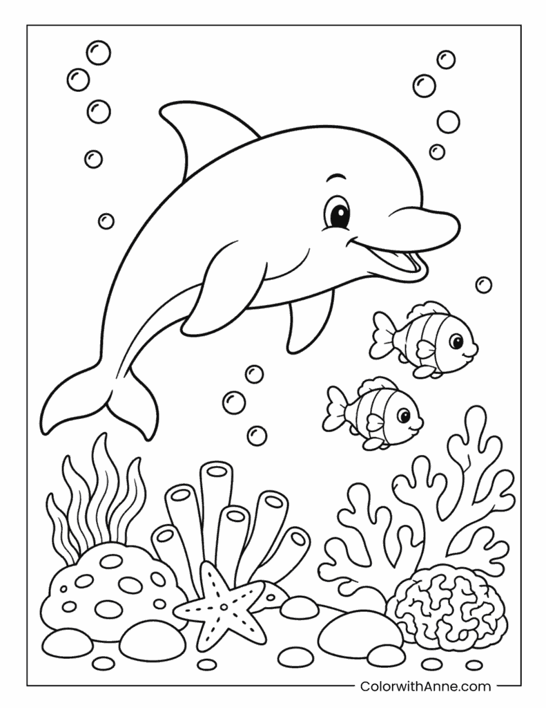 Happy Dolphin Swimming with Fish Coloring Page