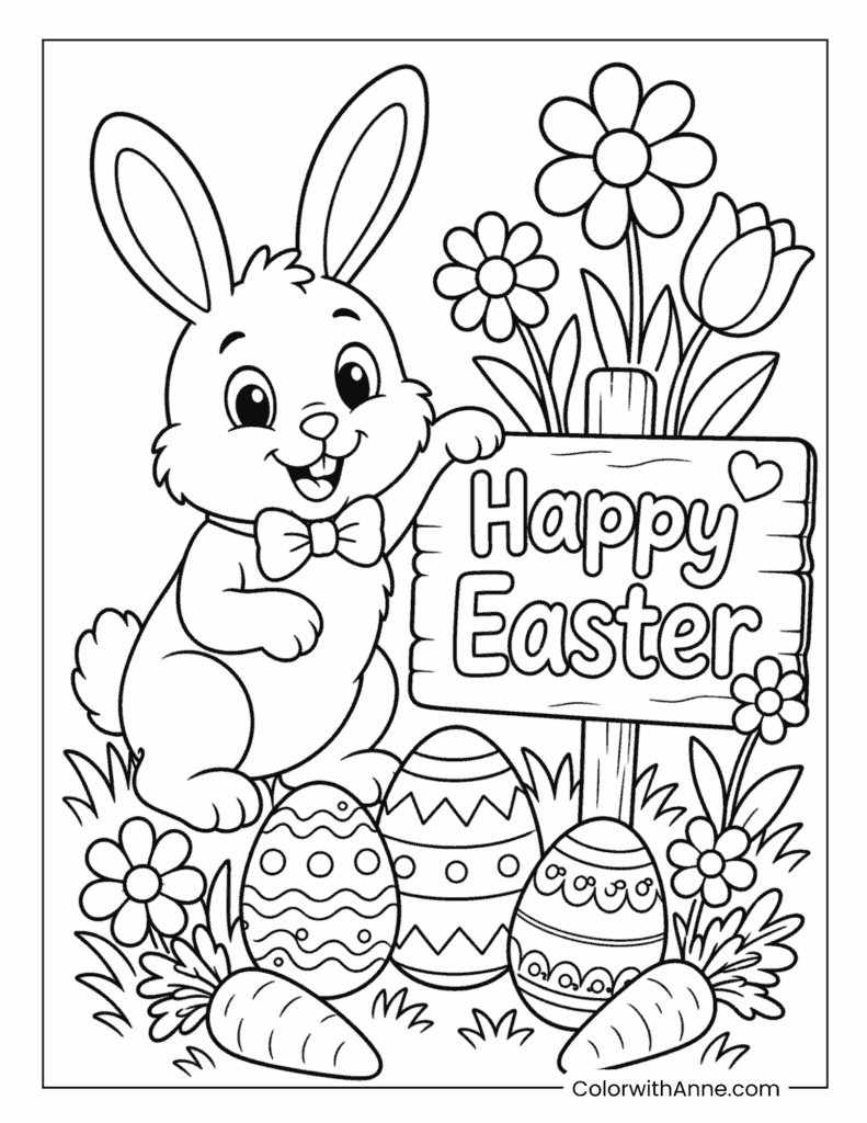 Happy Easter Bunny with Decorated Eggs Coloring Page