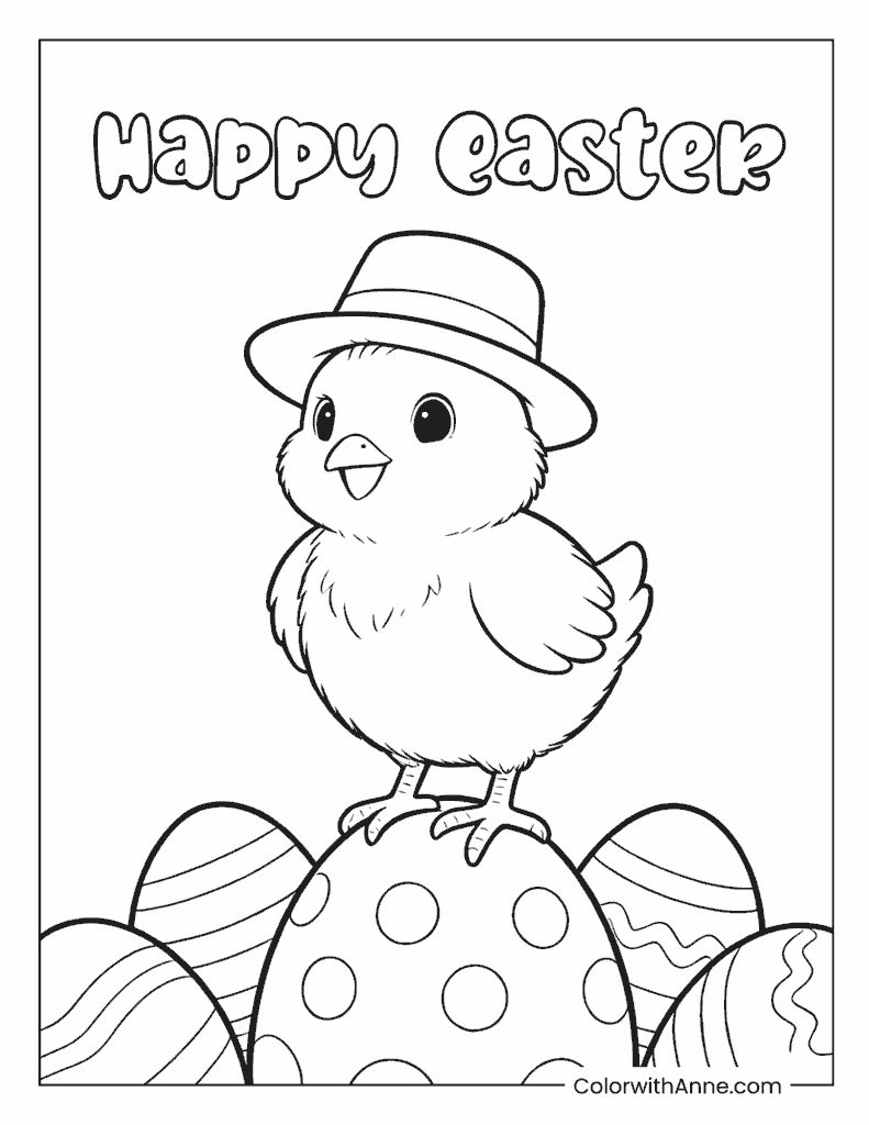 Happy Easter Chick Standing on Eggs Coloring Page