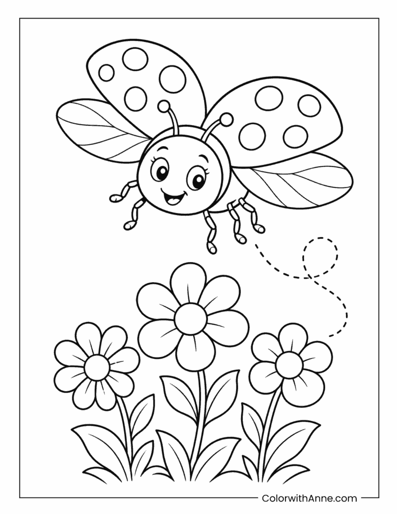 Happy Flying Ladybug Above Flowers Coloring Page
