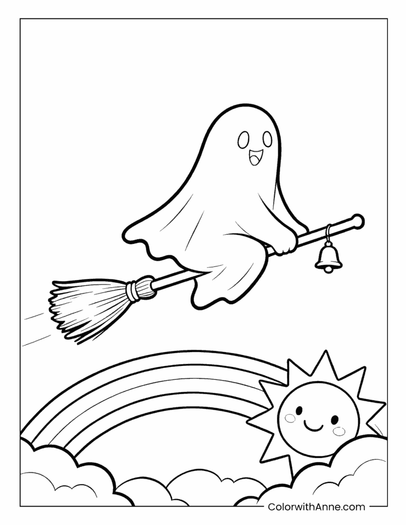 Happy Ghost on a Broomstick Coloring Page