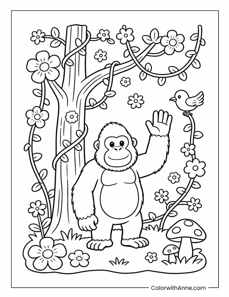 Happy Gorilla Waving in Flower Forest Coloring Page