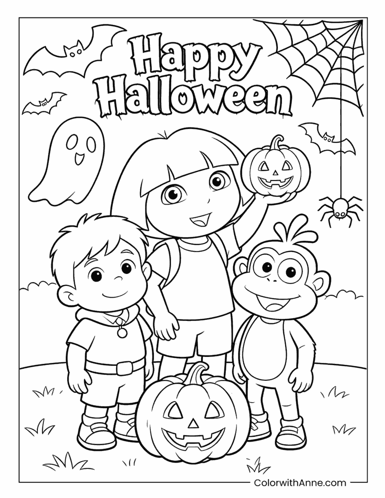 Happy Halloween with Dora and Pumpkins Coloring Page