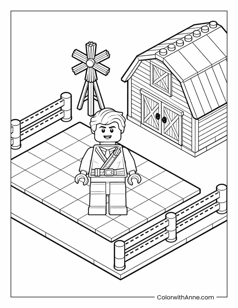 Happy Lego Farmer with Windmill and House Coloring Page