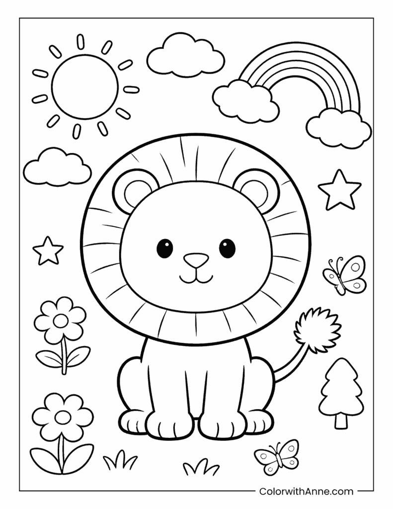 Happy Lion in a Sunny Garden with a Rainbow Coloring Page