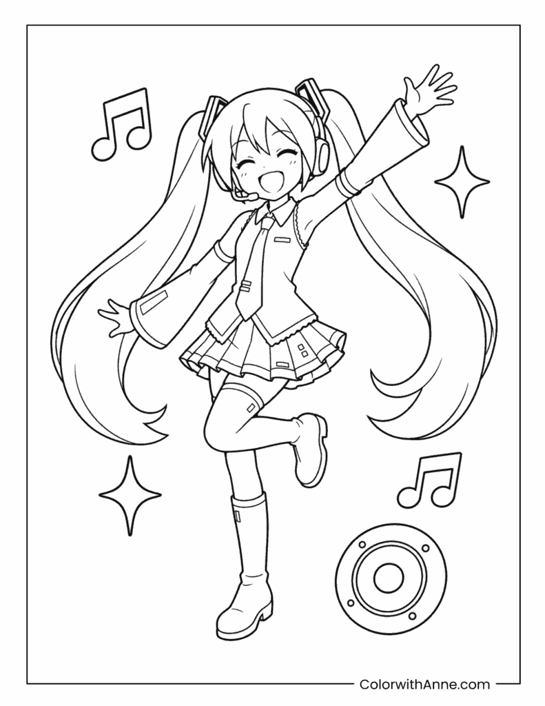 Happy Miku Dancing to Music Simple Coloring Page