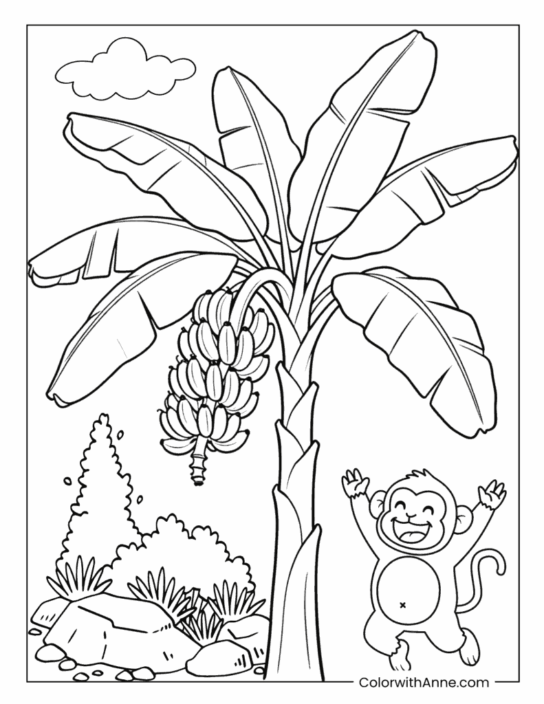 Happy Monkey and a Banana Tree Coloring Page