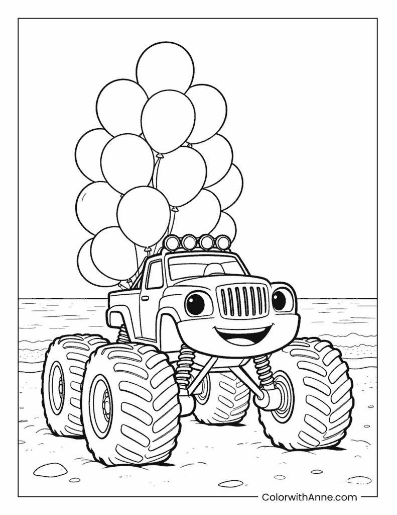 Happy Monster Truck with Balloons on the Beach Coloring Page