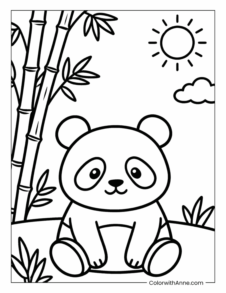 Happy Panda Sitting with Bamboo and Sun Coloring Page