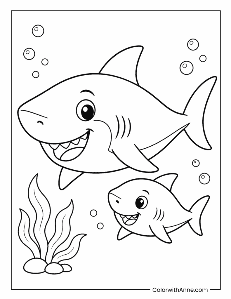 Happy Parent and Baby Sharks Swimming Together Coloring Page