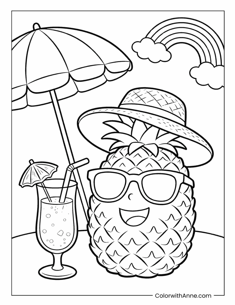 Happy Pineapple Summer Beach Vacation Coloring Page