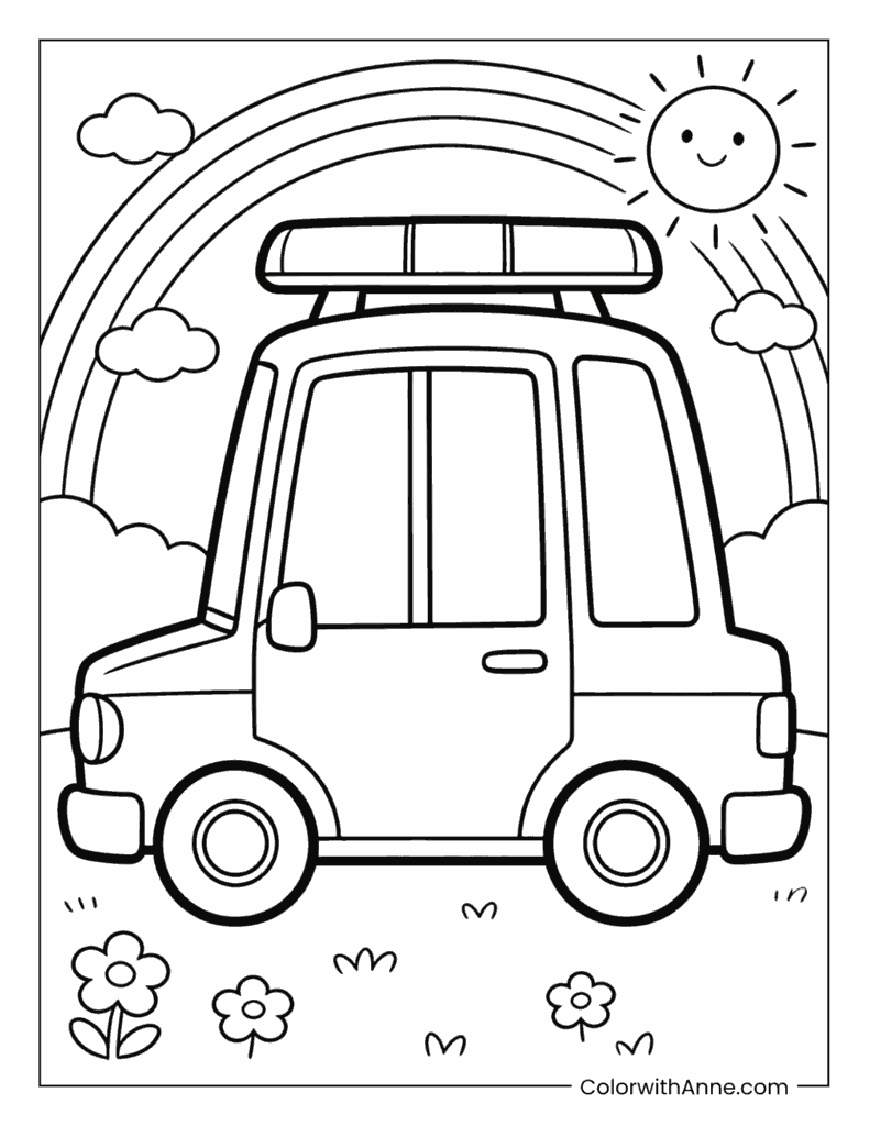 Happy Police Car Under a Rainbow with Smiling Sun Coloring Page