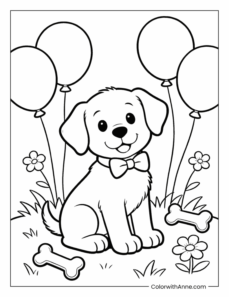 Happy Puppy with Bow Tie and Balloons Coloring Page