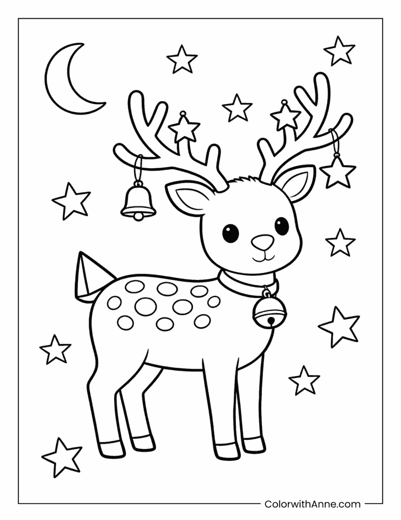 Happy Reindeer with Star-Decorated Antlers Coloring Page