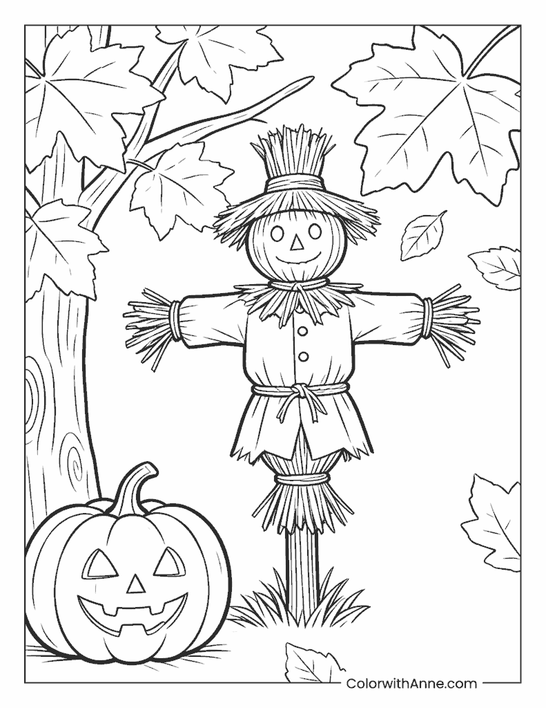 Happy Scarecrow and Pumpkin Fall Coloring Page