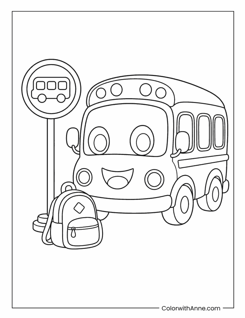 Happy School Bus with a Backpack Coloring Page
