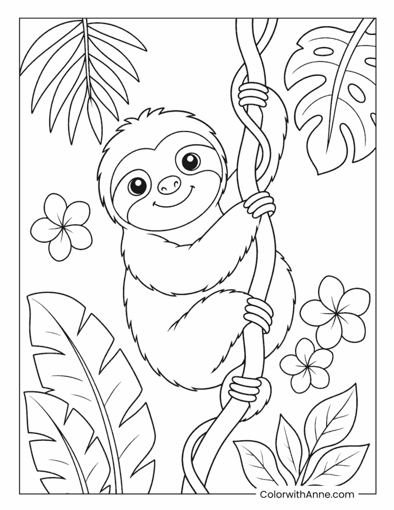 Happy Sloth Climbing a Jungle Vine Coloring Page