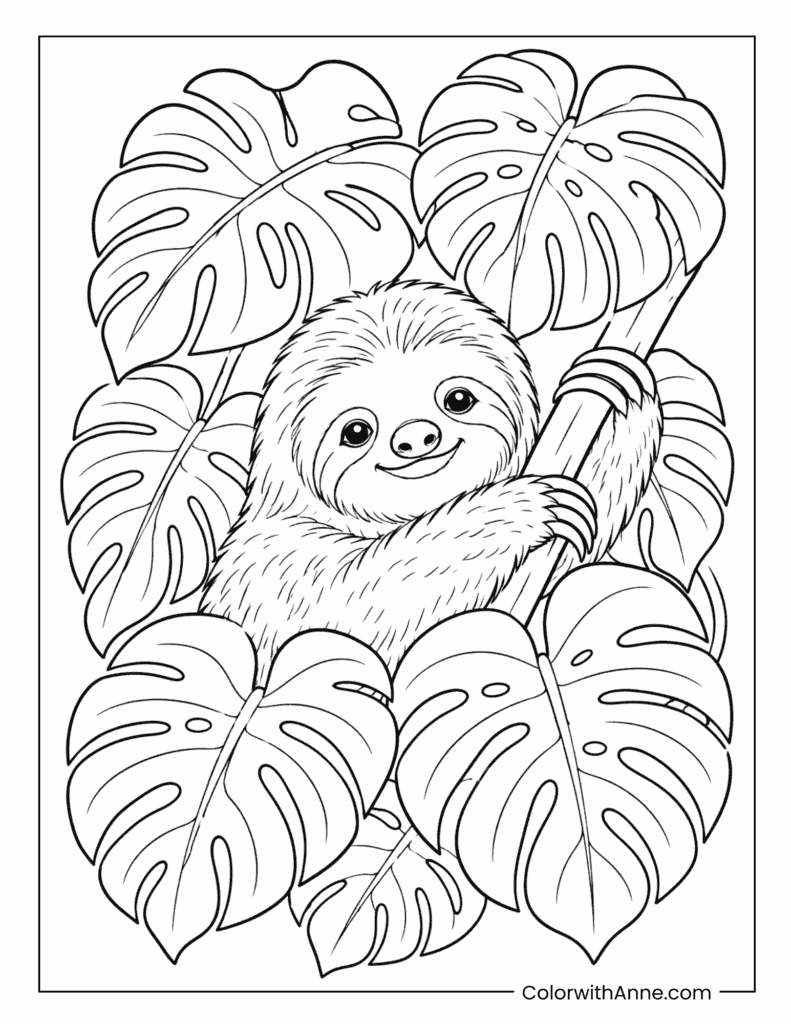 Happy Sloth Hanging Among Tropical Leaves Coloring Page
