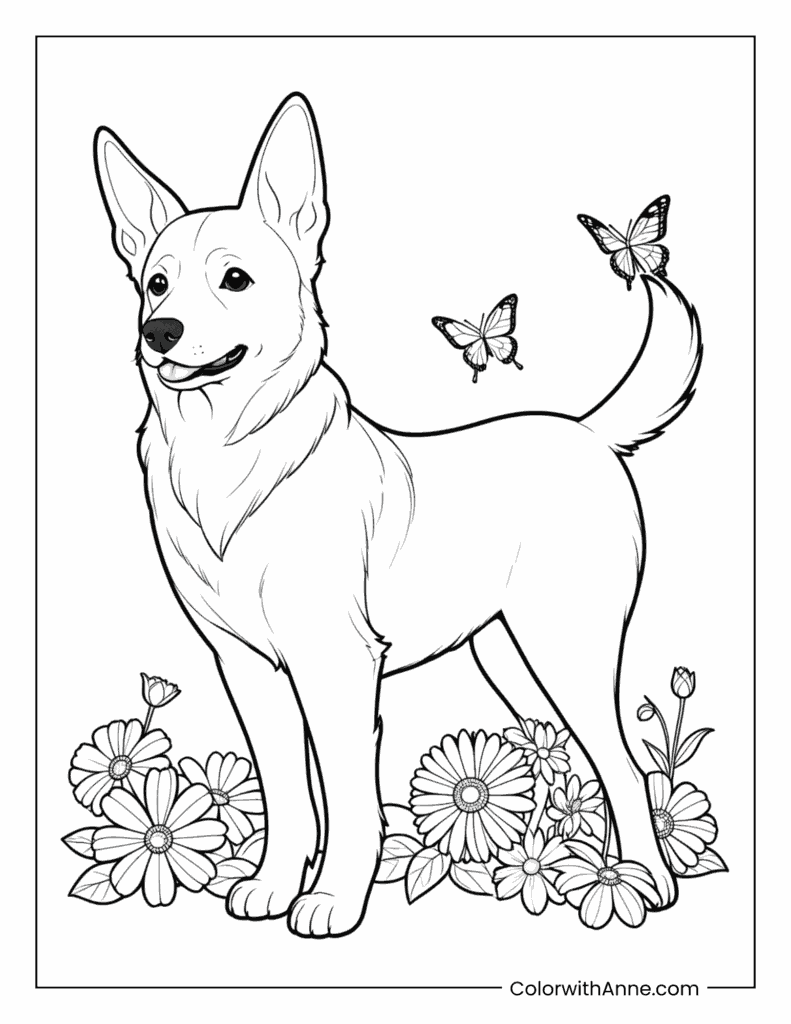 Happy Spring Dog Coloring Page