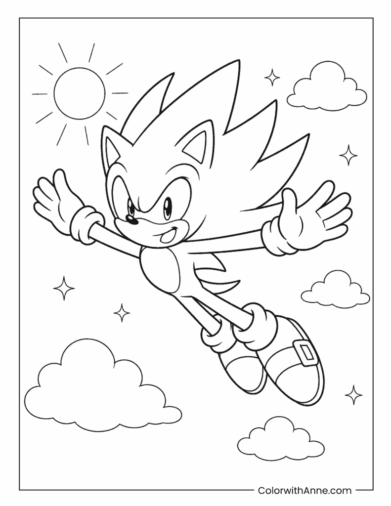 Happy Super Sonic Flying In Sunny Sky Coloring Page