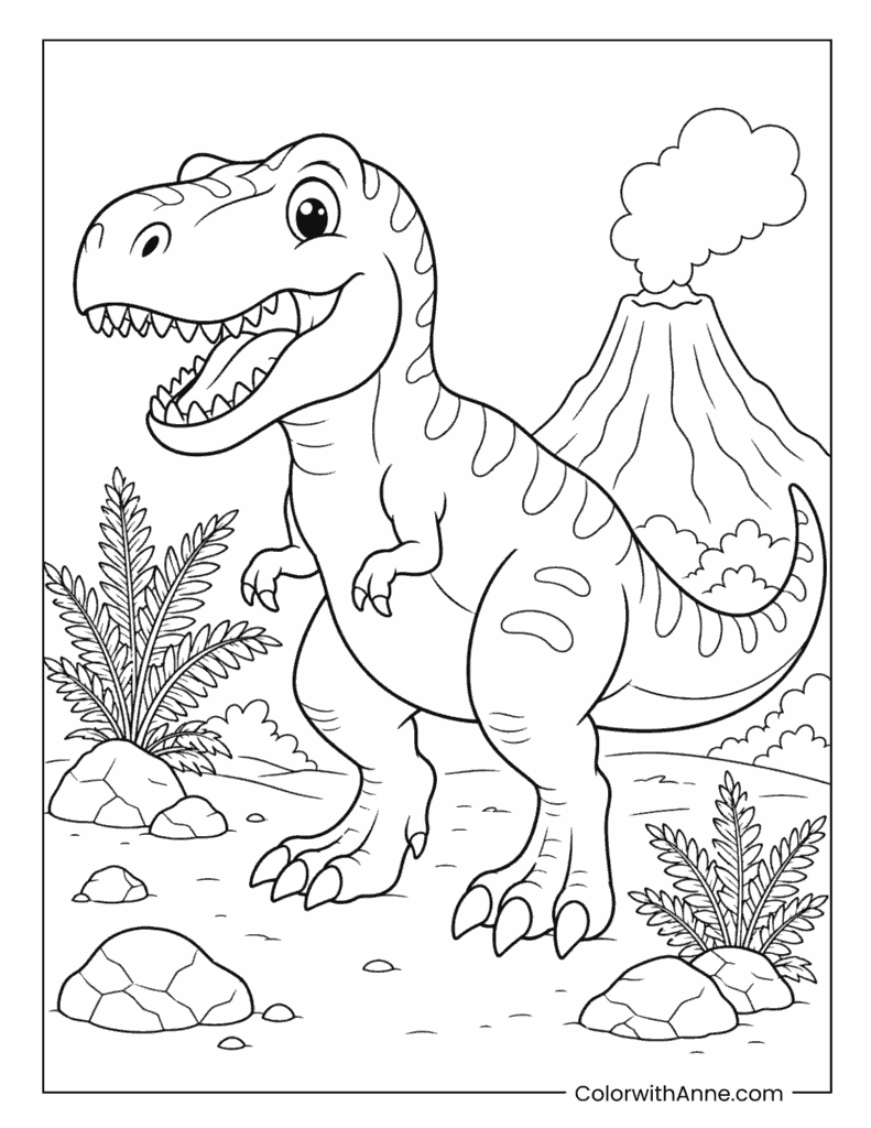 Happy T-Rex Near an Erupting Volcano Coloring Page