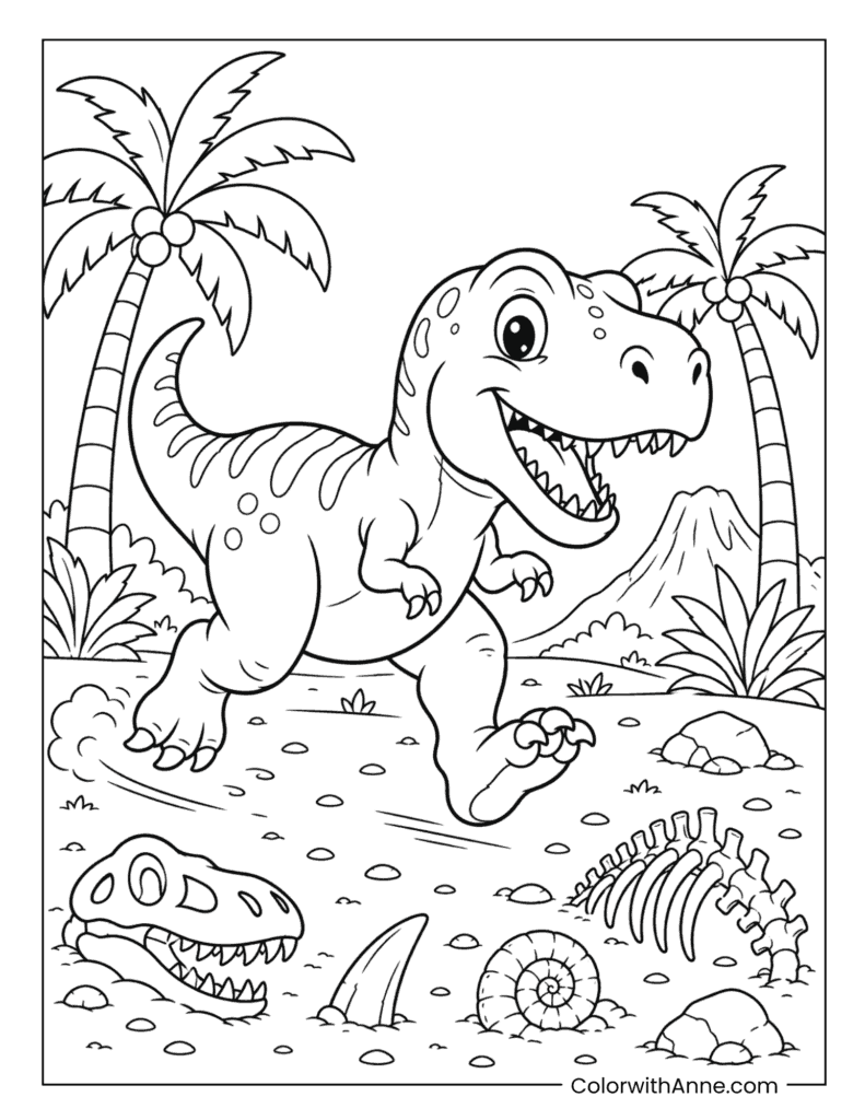 Happy T-Rex Running Through a Fossil Valley Coloring Page