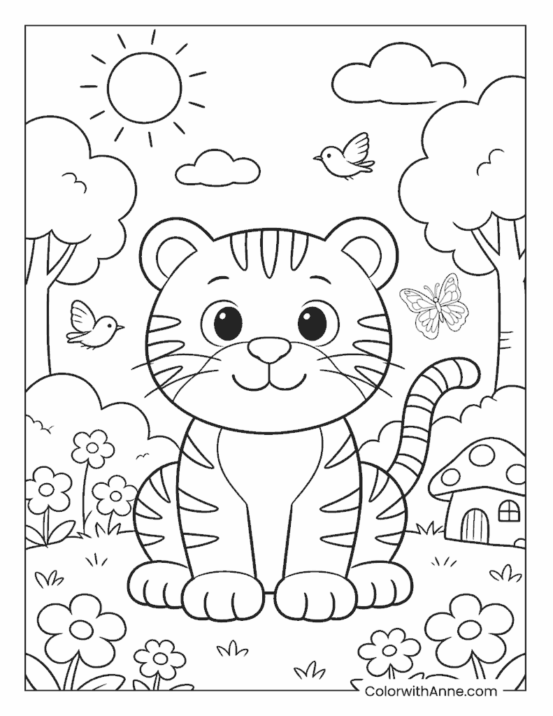 Happy Tiger in a Sunny Landscape Coloring Page
