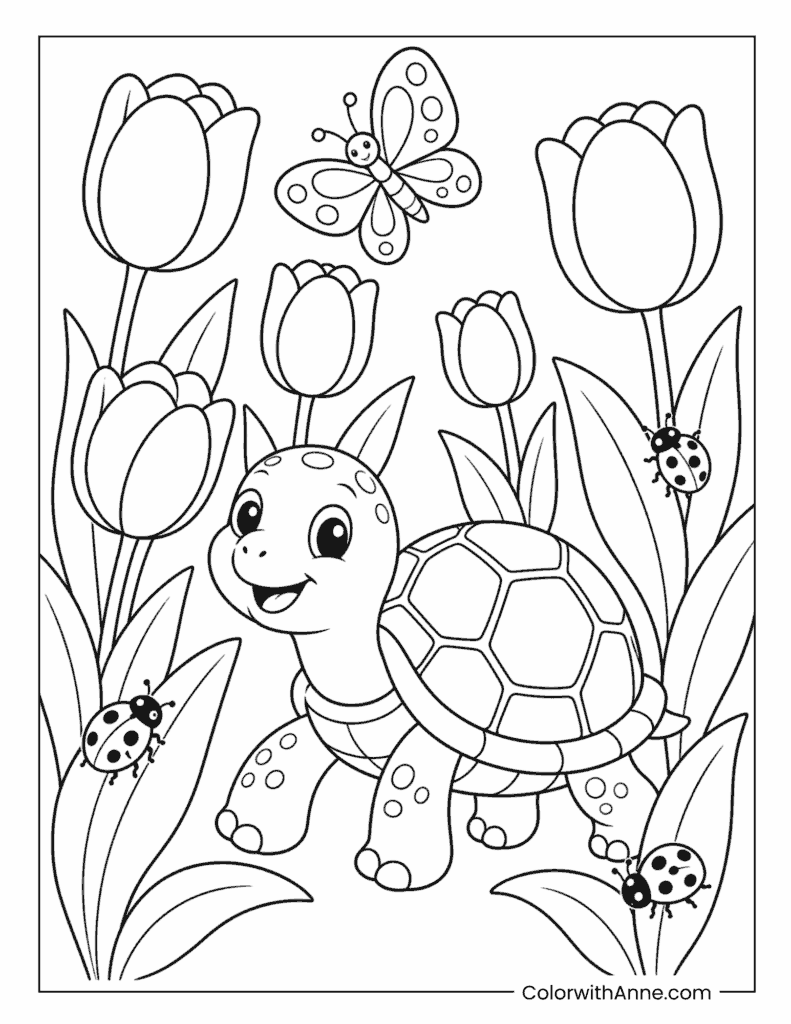 Happy Turtle in the Tulip Garden Coloring Page for Kids