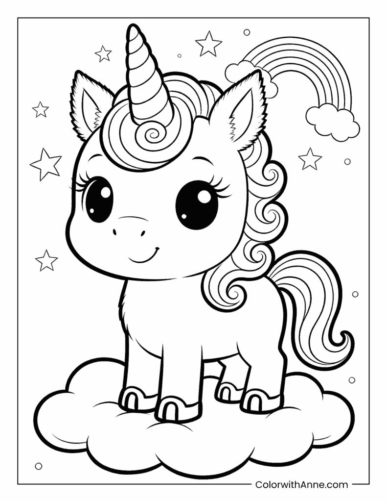Happy Unicorn Standing on a Cloud with a Rainbow Coloring Page