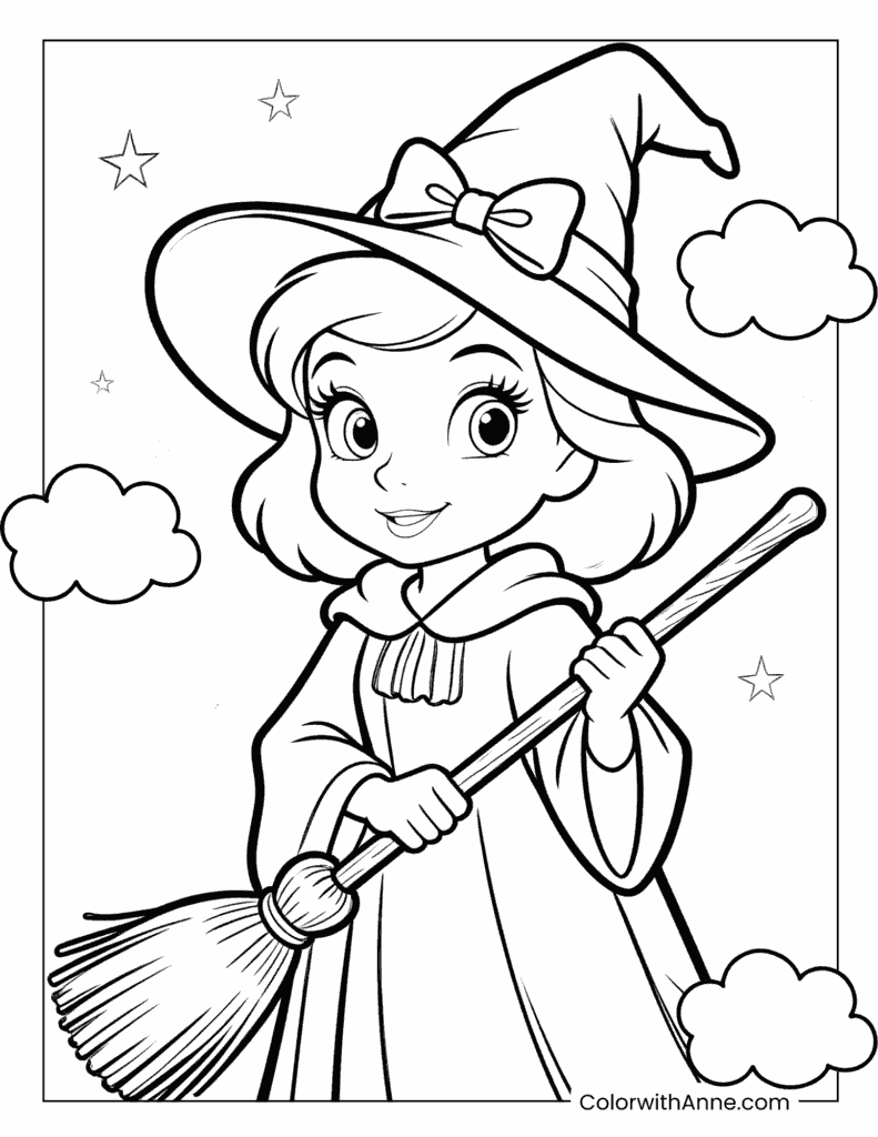 Happy Witch with Stars and Clouds Coloring Page