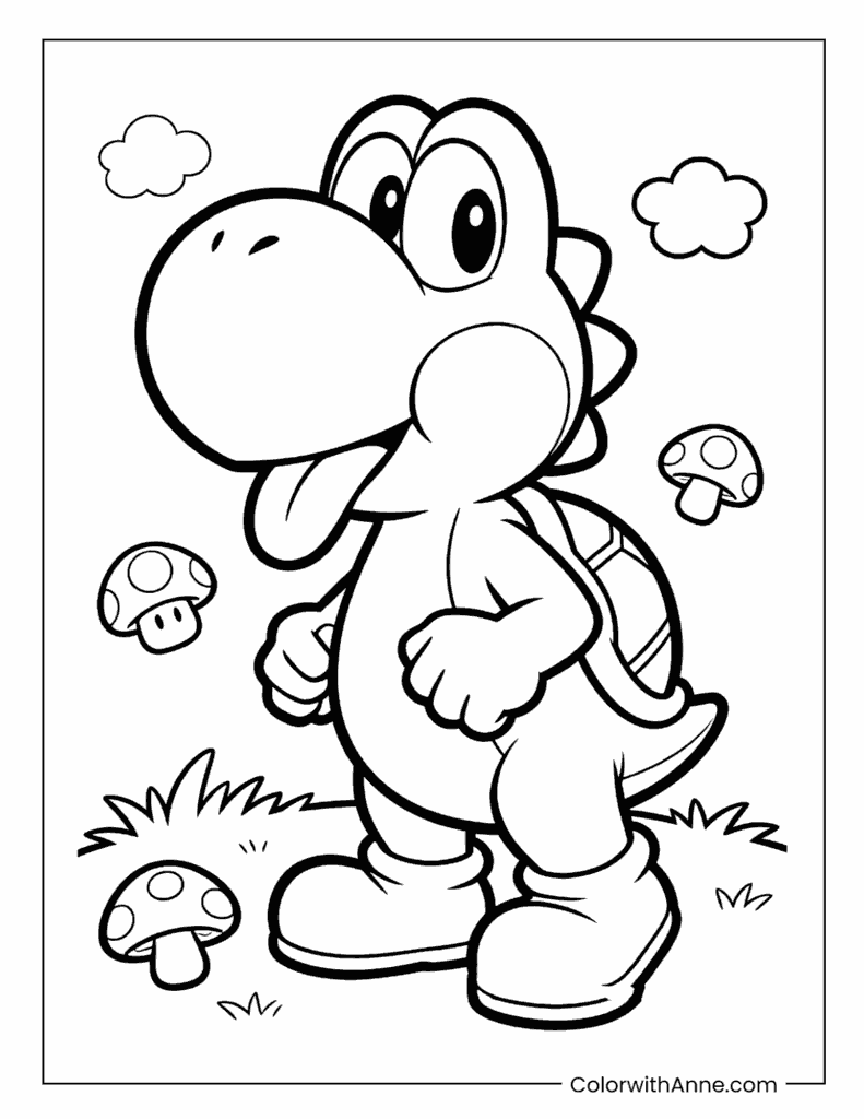 Happy Yoshi with Mushrooms and Clouds Simple Cute Coloring Page