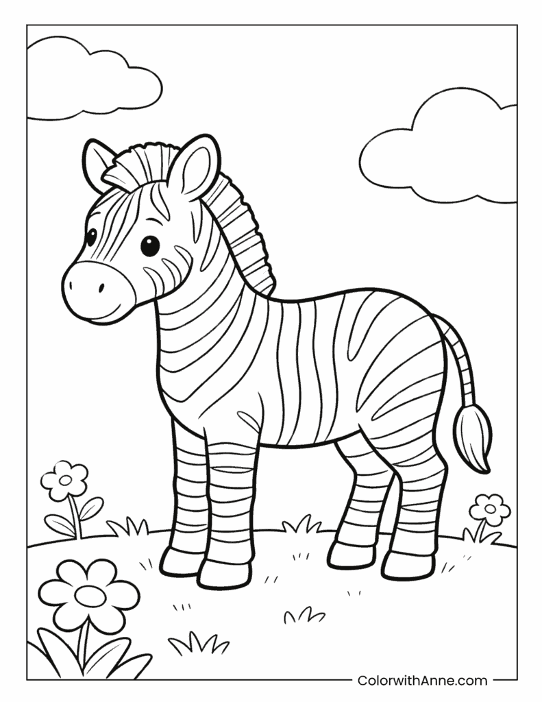 Happy Zebra on Grassy Field Coloring Page for Children