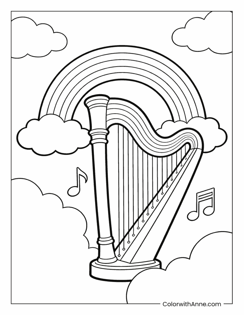 Harp with a Rainbow and Music Notes Coloring Page
