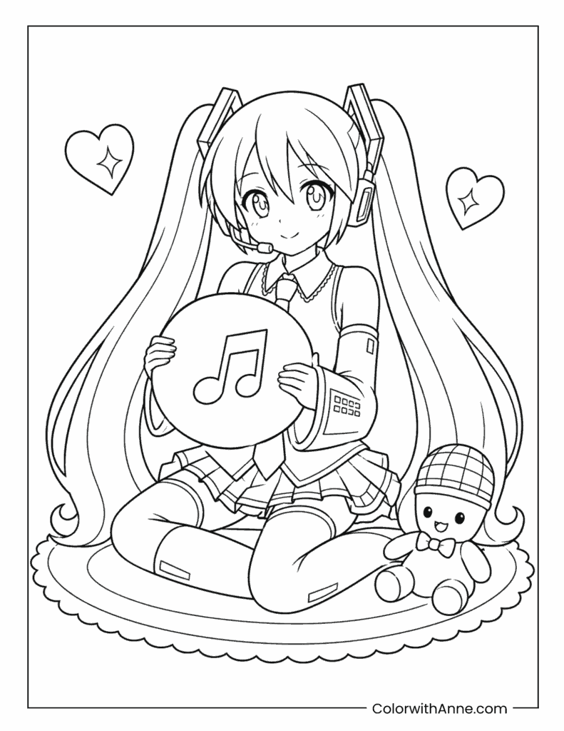 Hatsune Miku Holding a Music Note Pillow Coloring Page
